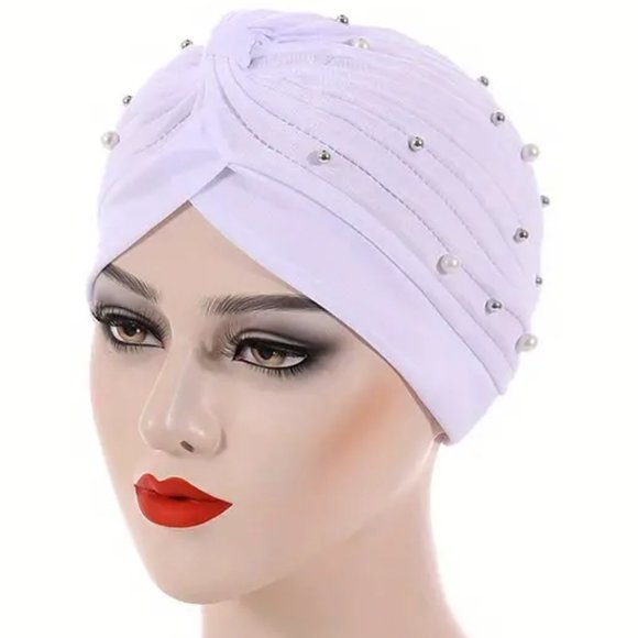 Faux Pearl Rhinestone Decor Turban White Head Wrap Elastic Head Scarf Chemo Cap - Picture 1 of 2